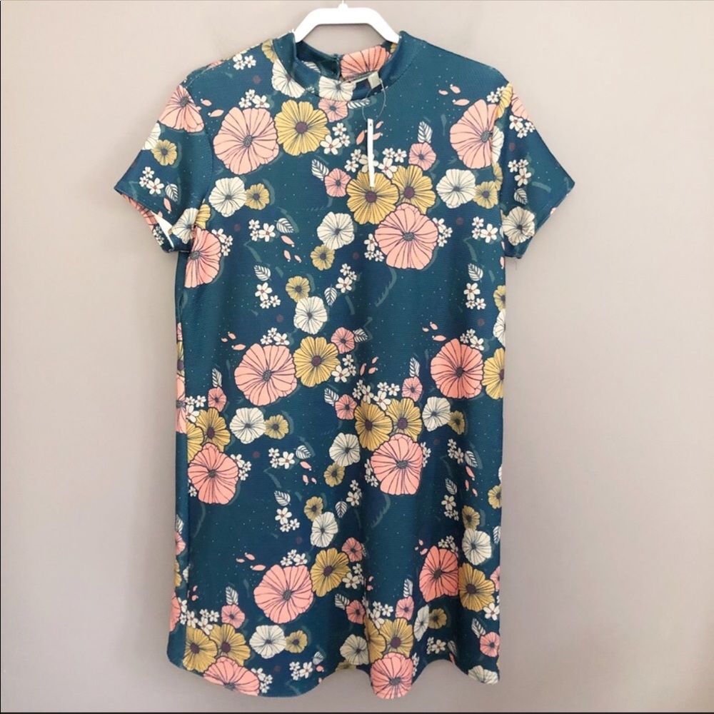 ASOS Mock Neck Floral Dress Teal